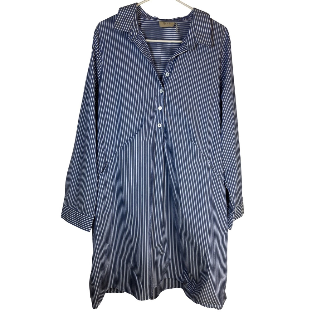 INAE Collection Blue White Striped Button Front Shirt Dress XL Pockets Roll Tab